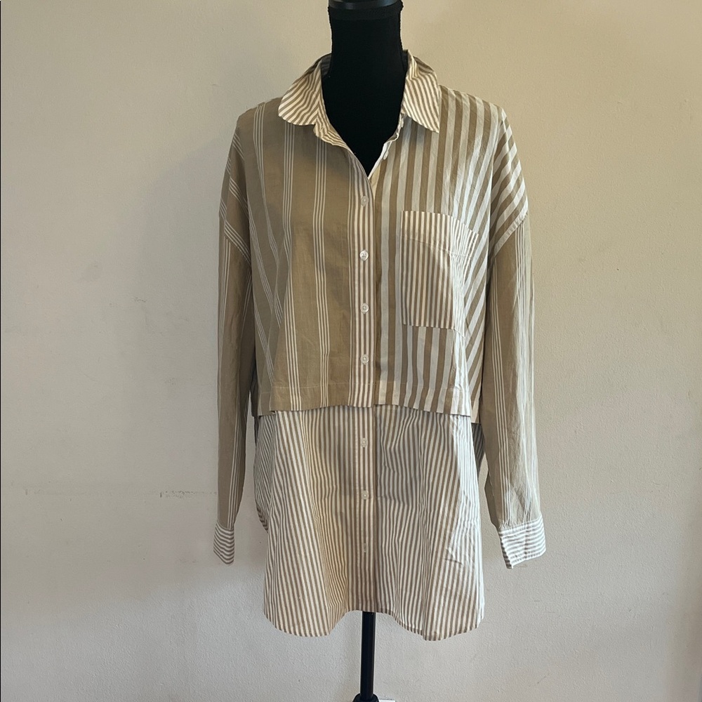 Madewell Beige and White Striped Button-Down Oversized Shirt. Convertible.